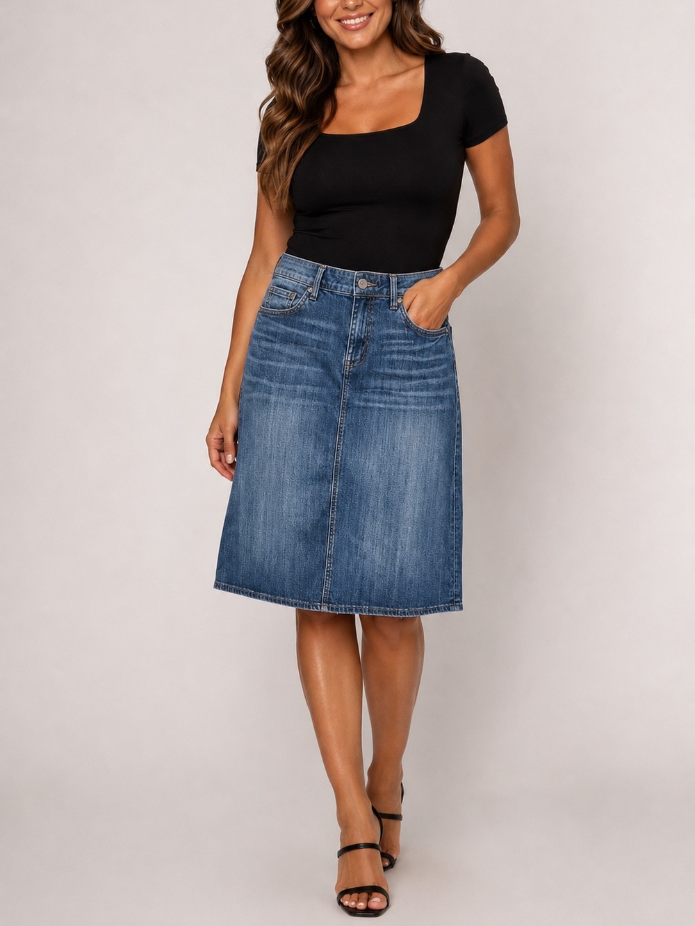 Kut From The Kloth 16 Denim A-Line Midi Skirt Stretch Style # KK373MA1